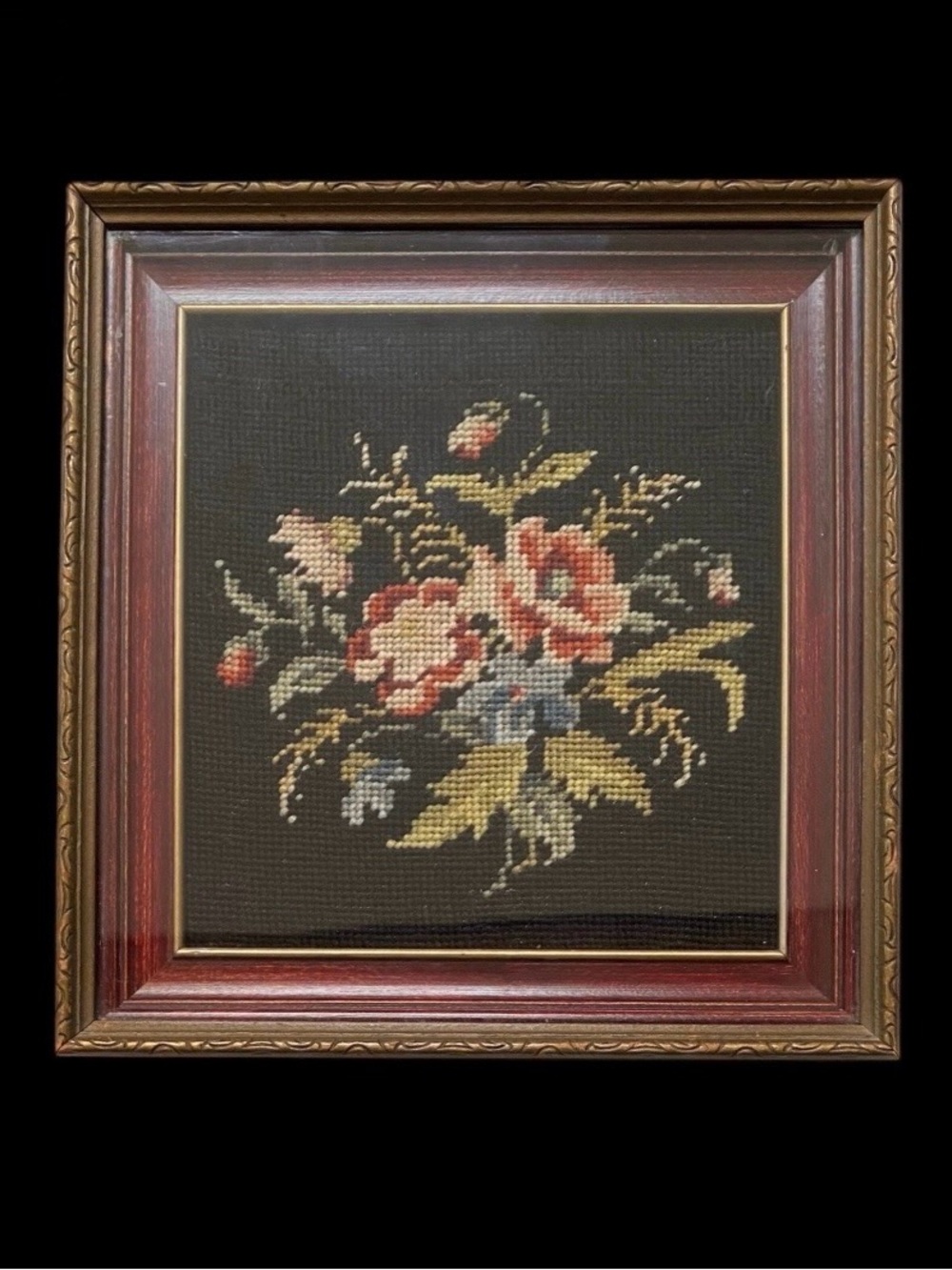 Antique Black Wool Floral Needlepoint Framed Art Panel Handmade Bouquet Flowers